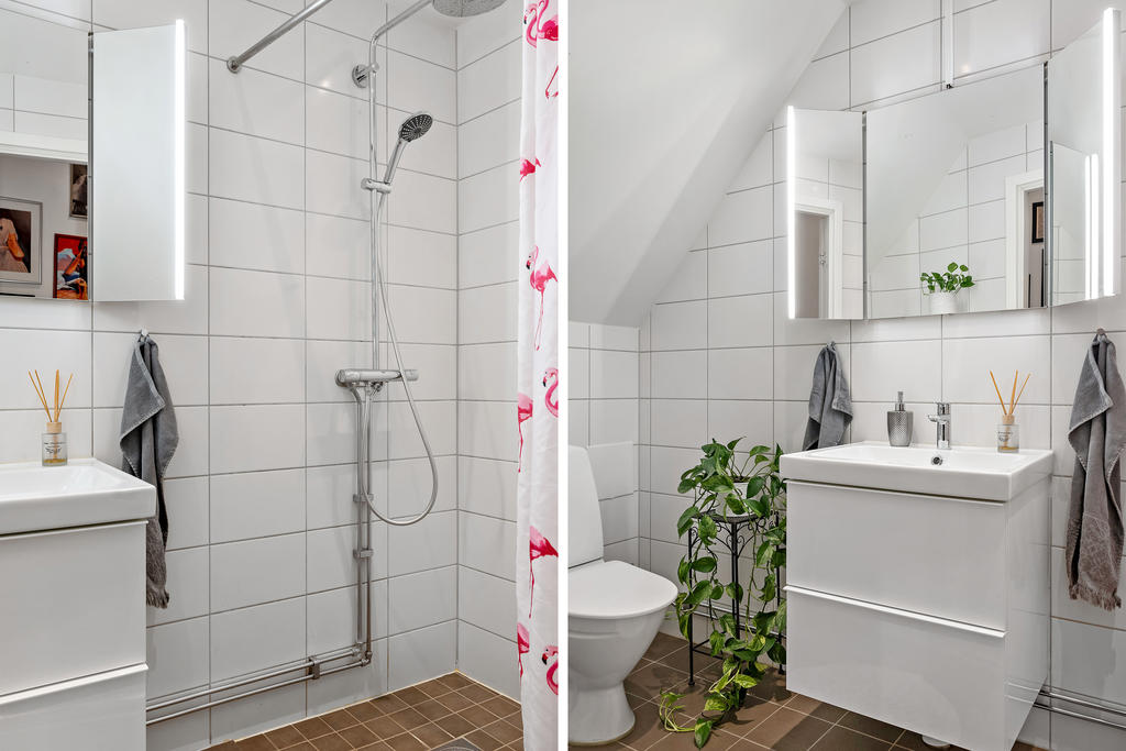 Riktigt fräscht badrum med stor duschhörna, wc, kommod och spegel med inbyggd LED-belysning. 