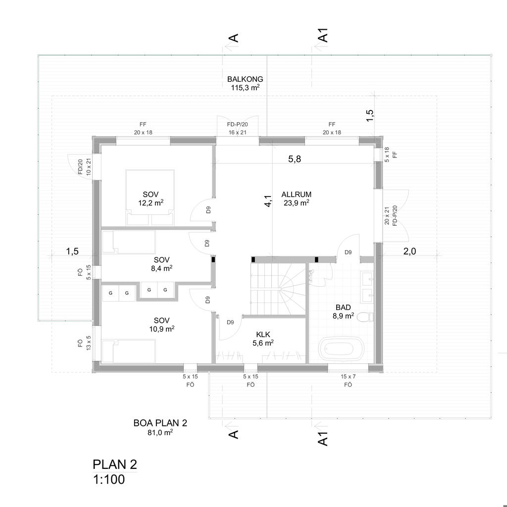 Förslag på nybygge. Övre plan