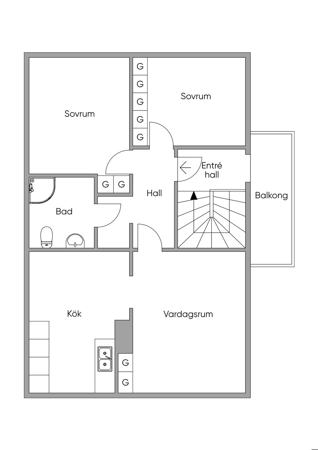 Planritning identisk våning ett och två.