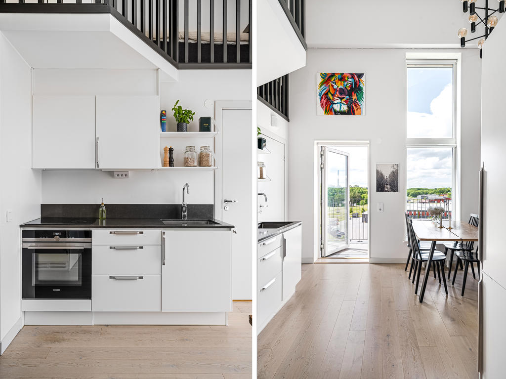 Bostad med sovloft och högt i tak