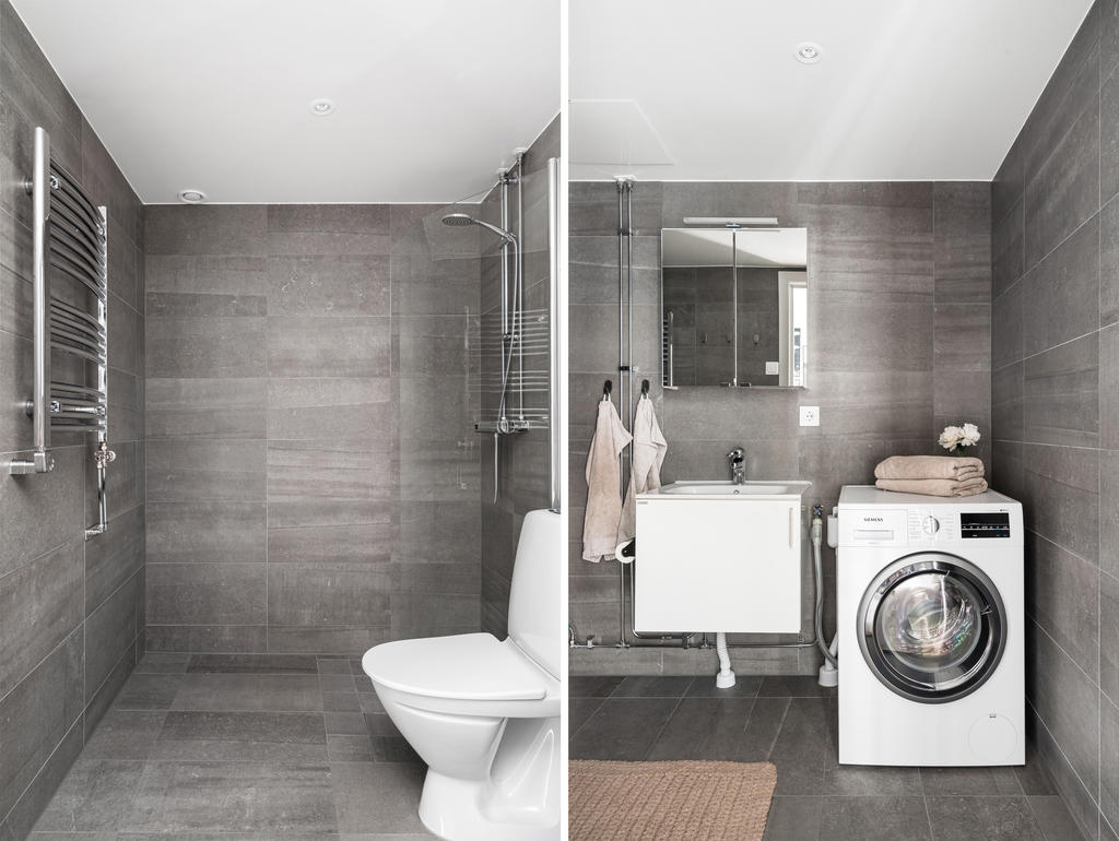 Helkaklat duschrum med kombinerad tvättmaskin
