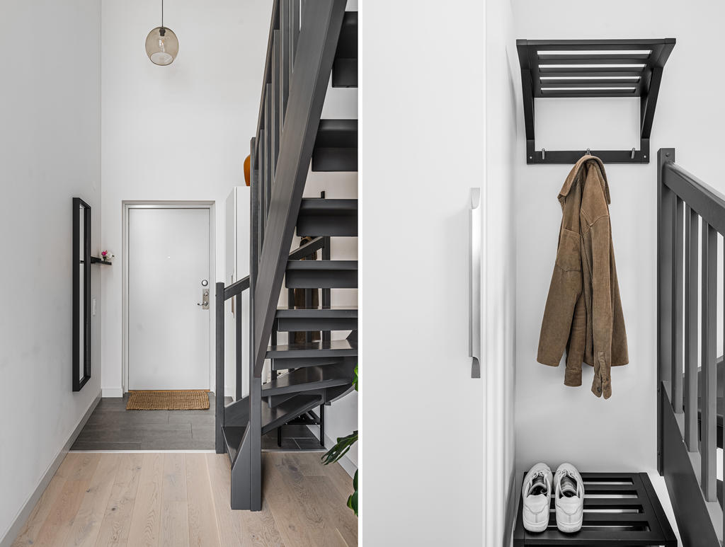 Entréhall med klinkergolv som övergår till parkettgolv