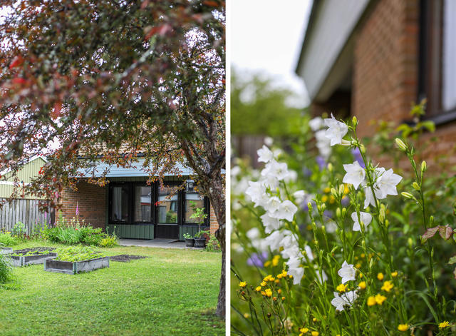 Praktiskt hus med trädgård som är lättskött men ändå har plats för odling.