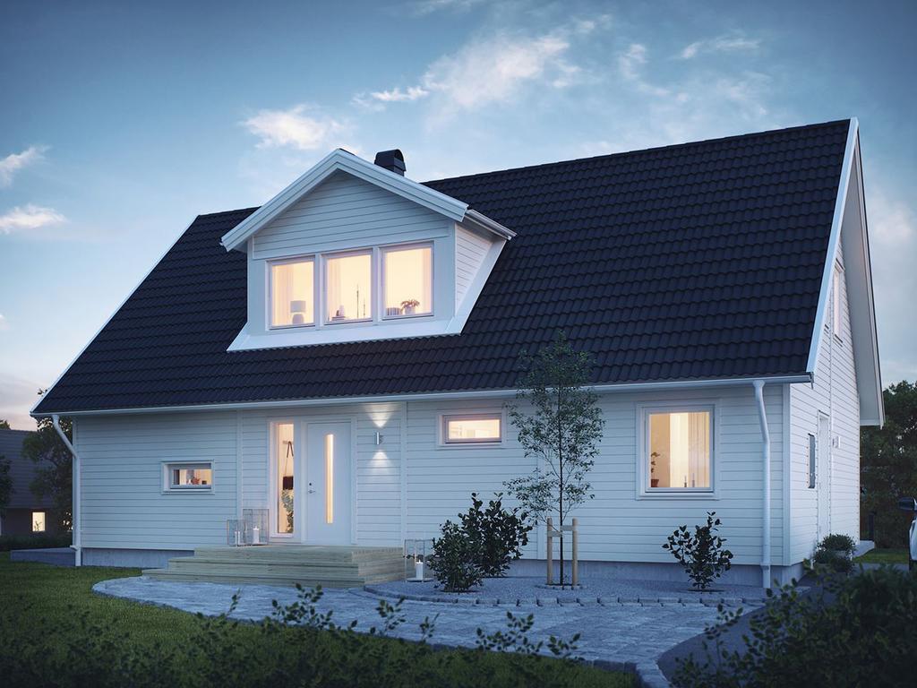 Observera att bilden är en illustration/rendering från SmålandsVillan och endast visar ett exempel på hur huset kan se ut när det är färdigställt. Vissa detaljer och materialval kan avvika från den slutgiltiga produkten, då det kan ske förändringar under byggprocessen eller på grund av personliga anpassningar. För exakt specifikation och slutgiltigt resultat, hänvisas till slutgiltiga ritningar och materialval som mäklaren bistår med.