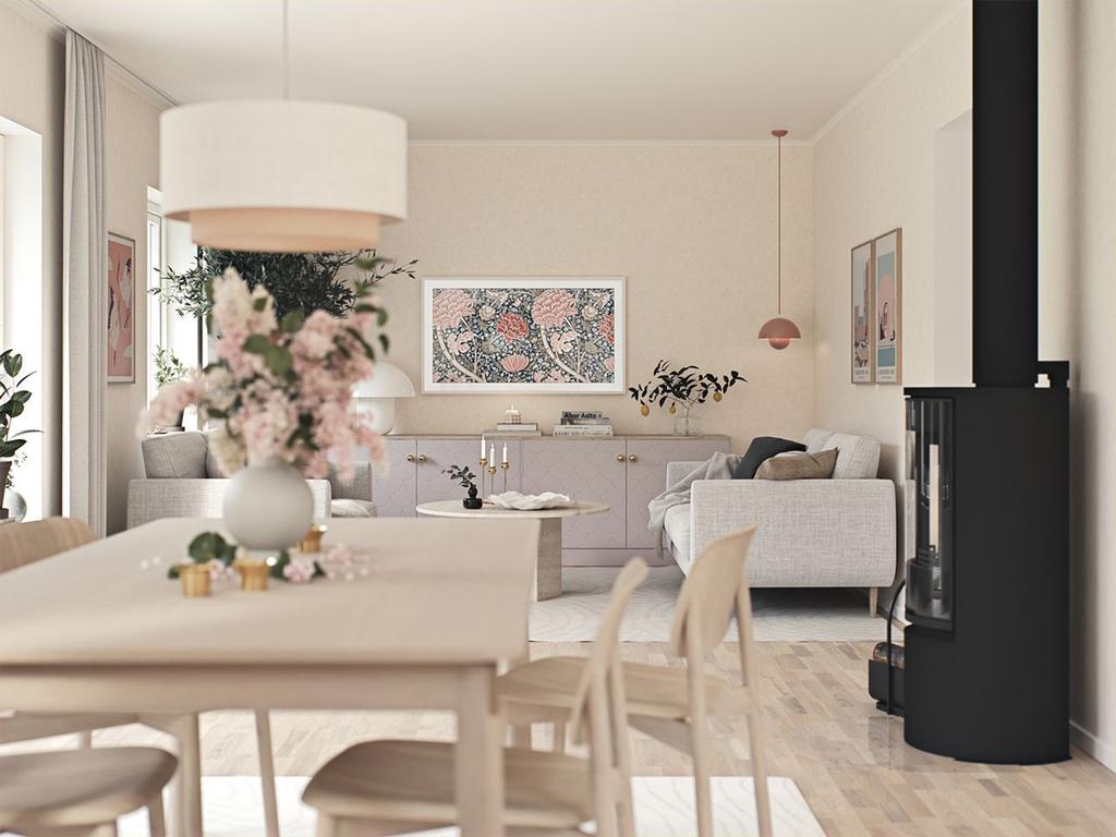 Observera att bilden är en illustration/rendering från SmålandsVillan och endast visar ett exempel på hur huset kan se ut när det är färdigställt. Vissa detaljer och materialval kan avvika från den slutgiltiga produkten, då det kan ske förändringar under byggprocessen eller på grund av personliga anpassningar. För exakt specifikation och slutgiltigt resultat, hänvisas till slutgiltiga ritningar och materialval som mäklaren bistår med.