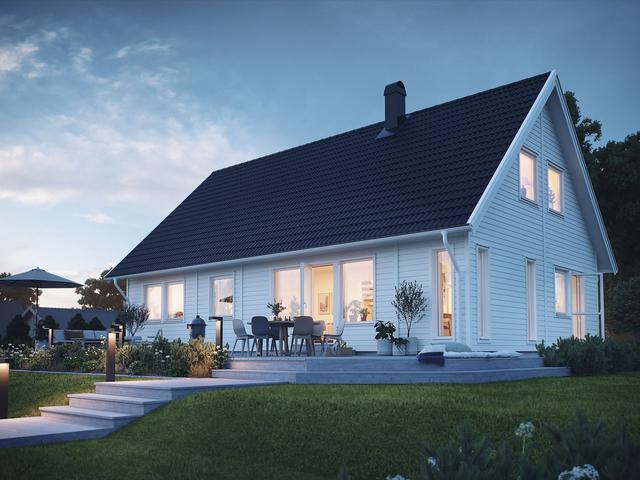 Observera att bilden är en illustration/rendering från SmålandsVillan och endast visar ett exempel på hur huset kan se ut när det är färdigställt. Vissa detaljer och materialval kan avvika från den slutgiltiga produkten, då det kan ske förändringar under byggprocessen eller på grund av personliga anpassningar. För exakt specifikation och slutgiltigt resultat, hänvisas till slutgiltiga ritningar och materialval som mäklaren bistår med.