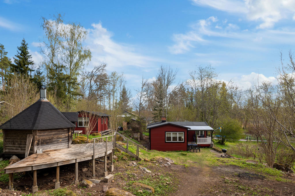 Huvudbyggnad, gästhus samt bastu