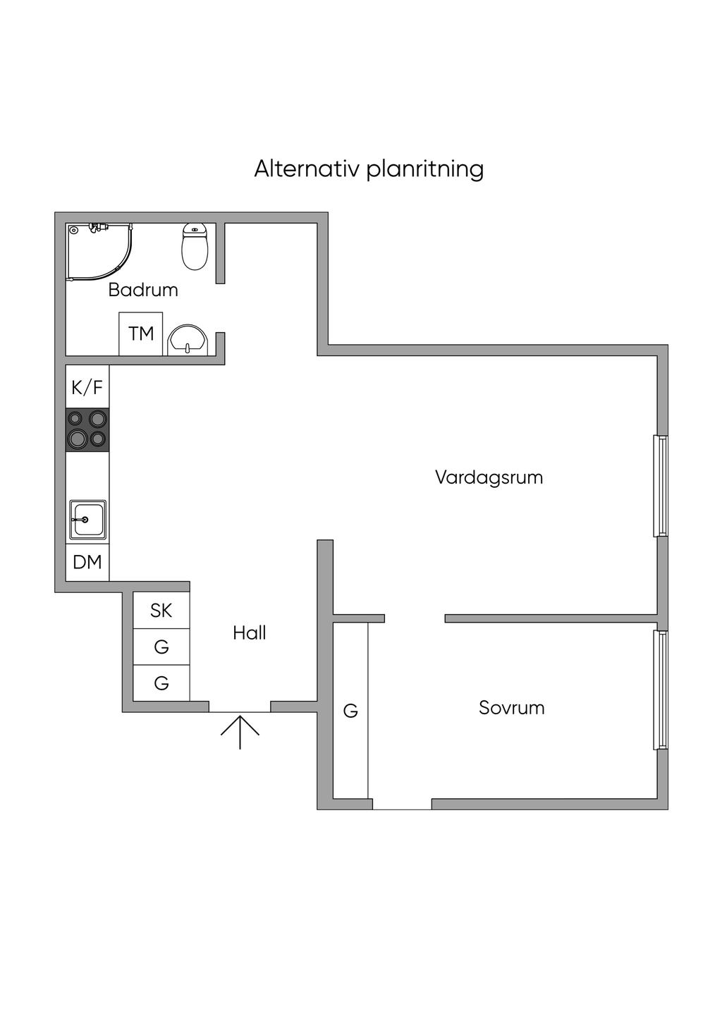 Alternativ planlösning.
Detta är ett förslag på alternativ planlösning för att åskådliggöra bostadens möjligheter. Ansvarig mäklare och säljare kan inte garantera att förslaget är byggnadsteknisk genomförbart eller att det kommer godkännas av föreningen.