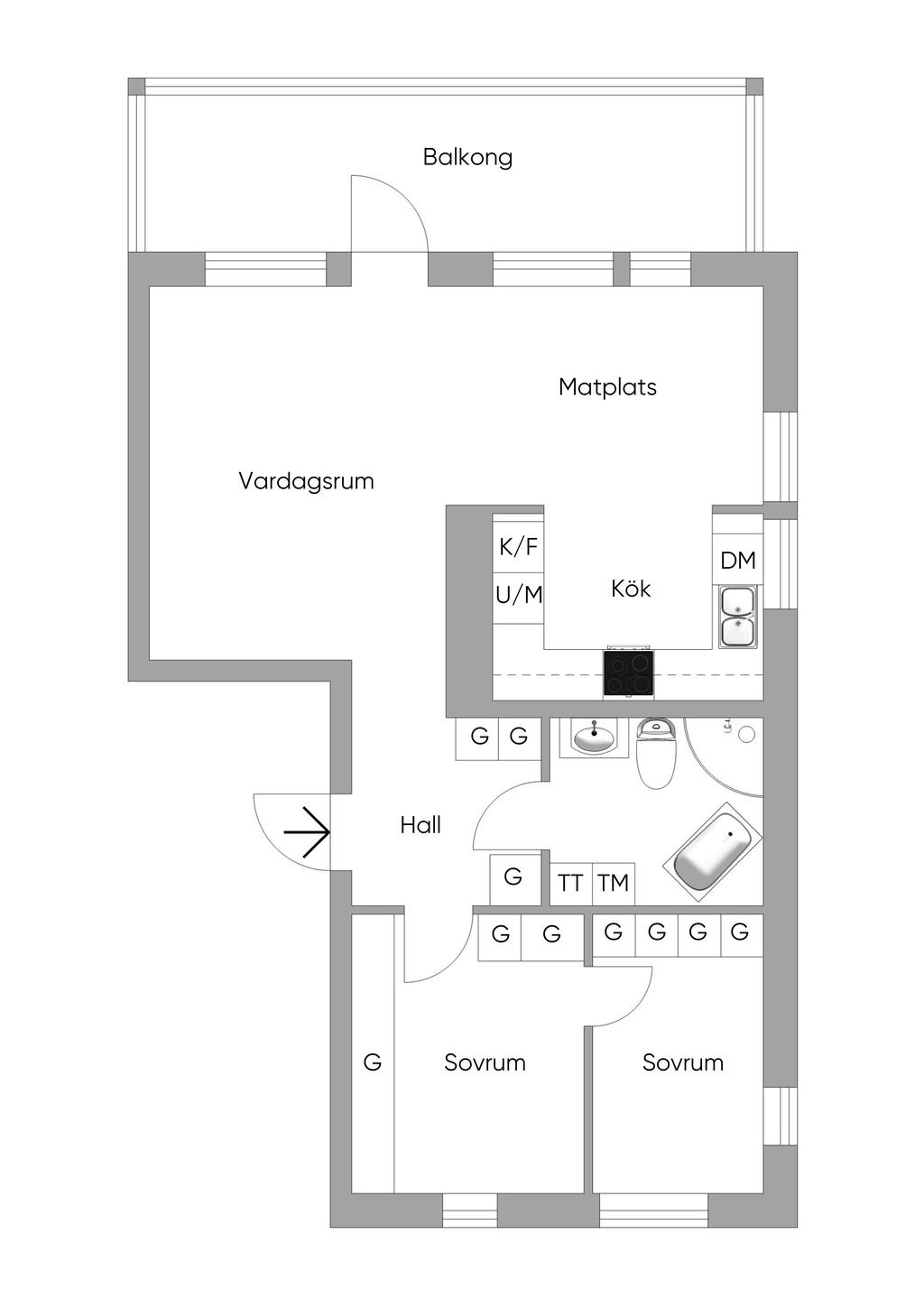Planlösning som visar möjlighet till ytterligare förvaringsmöjligheter i lägenheten.