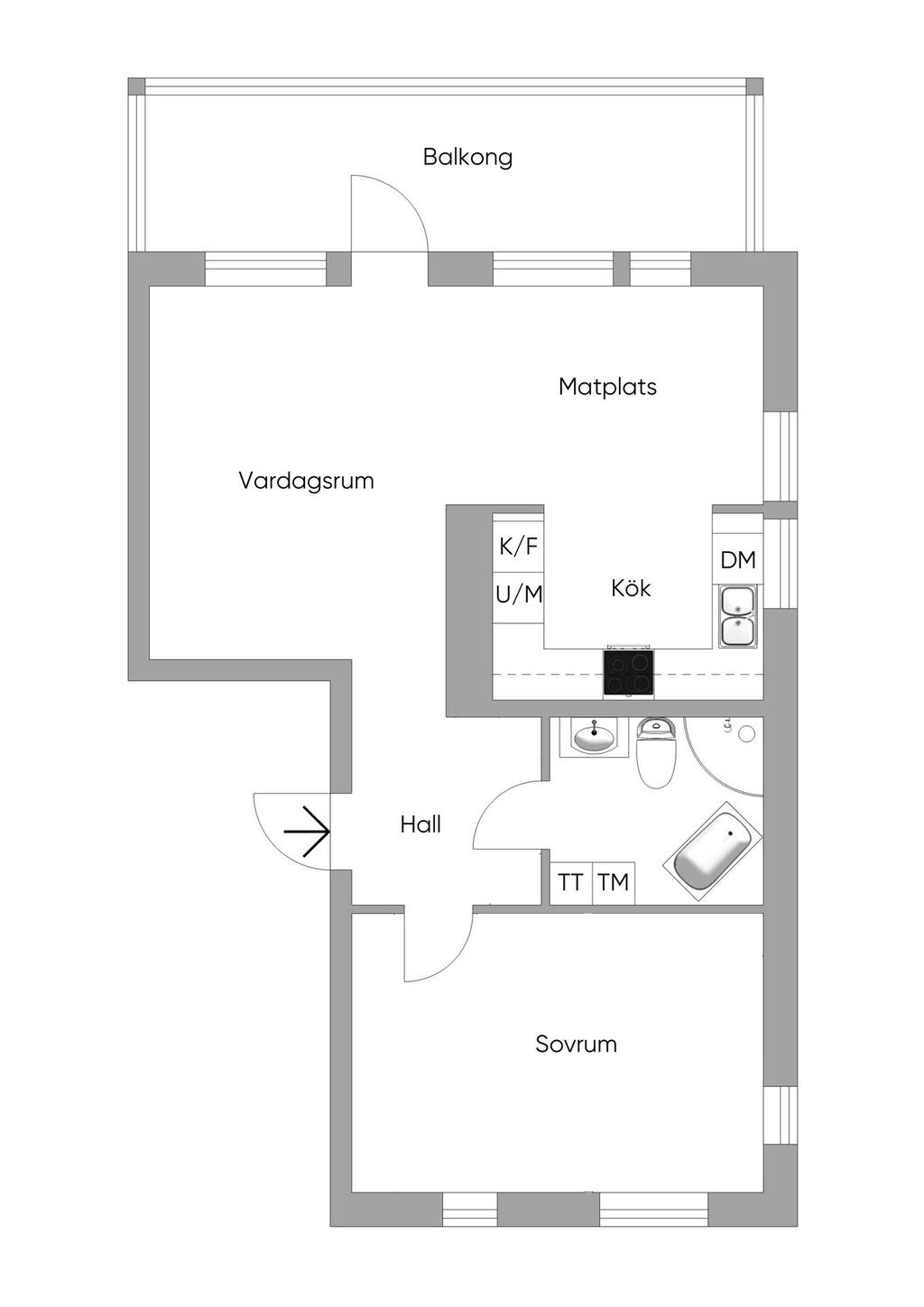 Alternativ planlösning, med ett stort sovrum istället för två st.