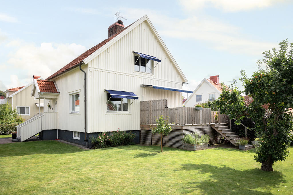En plan och fin trädgårdstomt, med en robotgräsklippare som sköter gräsmattan.