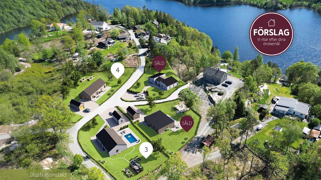 3D-bild på tomterna med olika husförslag