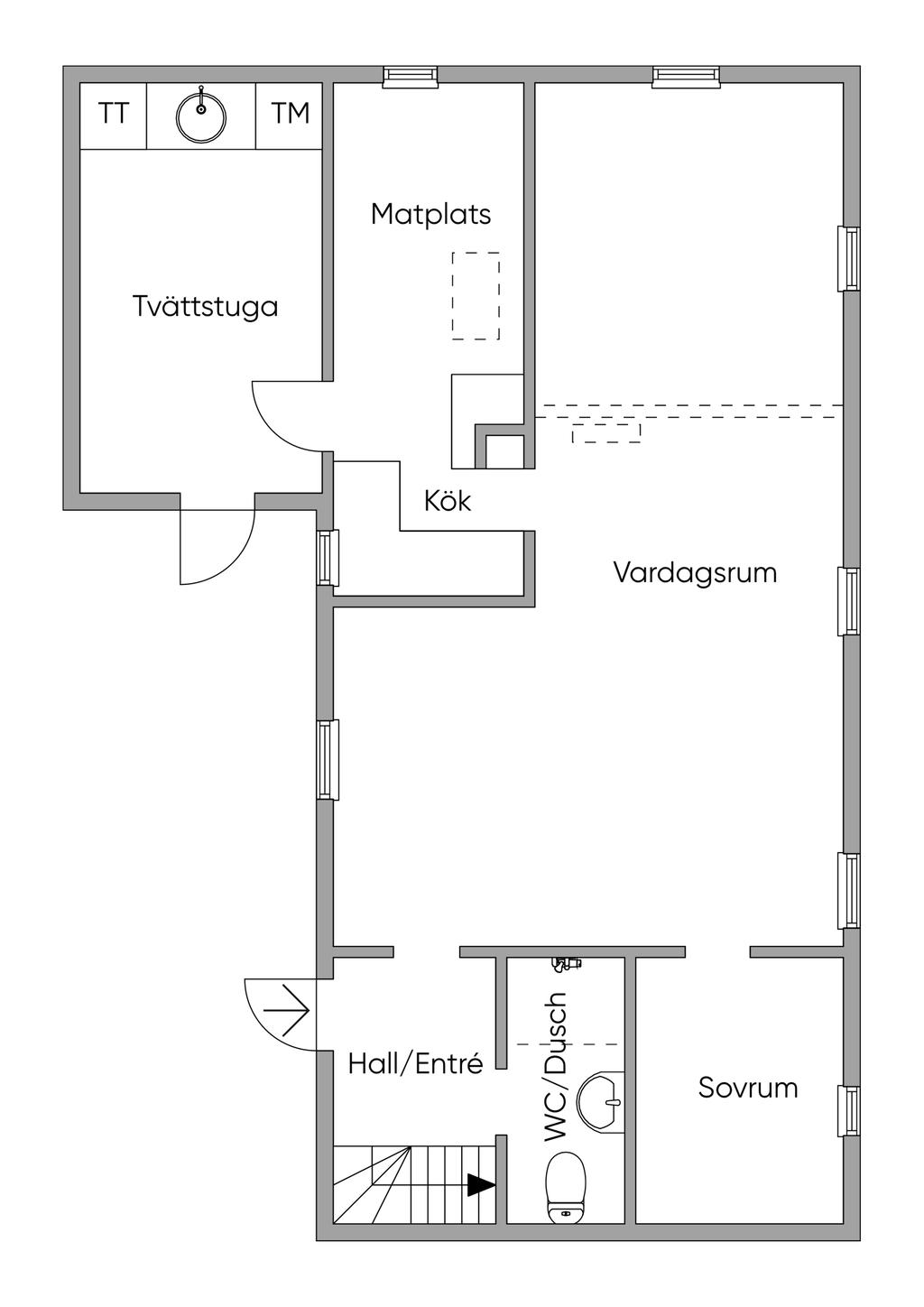 Observera att planritningen inte är skalenlig och endast är avsedd för illustrativa ändamål. Mått och proportioner kan avvika från verkligheten, och vi rekommenderar att kontrollera exakta mått på plats vid behov.