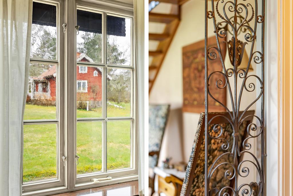 Vackra detaljer såsom blyinfattade glas och järnsmide i hallen 