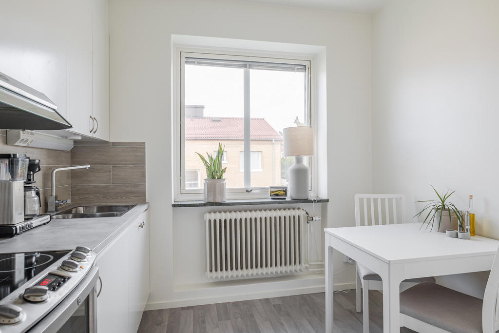 Härligt ljusinsläpp i köket från innergården