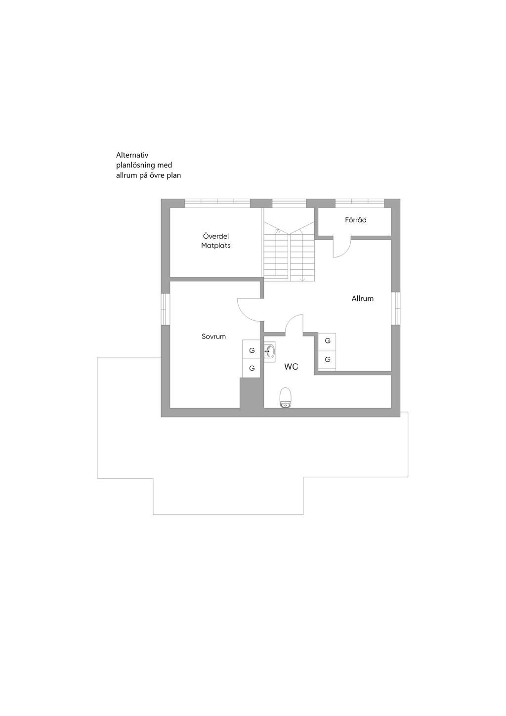 Alternativ planlösning md allrum på övre plan