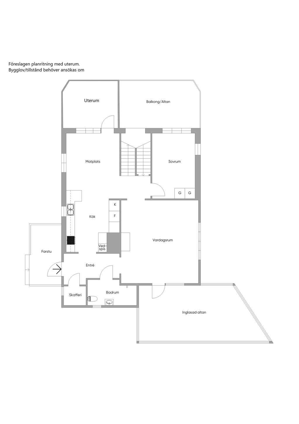 Föreslagen planritning med uterum. Bygglov/tillstånd behöver ansökas om 