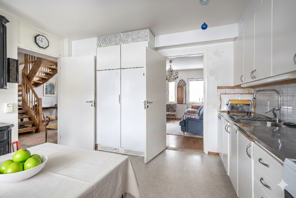 Köket, mot hallen och biblioteket