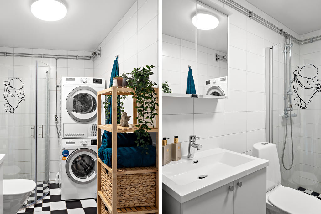 Stilrent badrum med modernt kakel och klinkers. Utrustat med både egen tvättmaskin och torktumlare