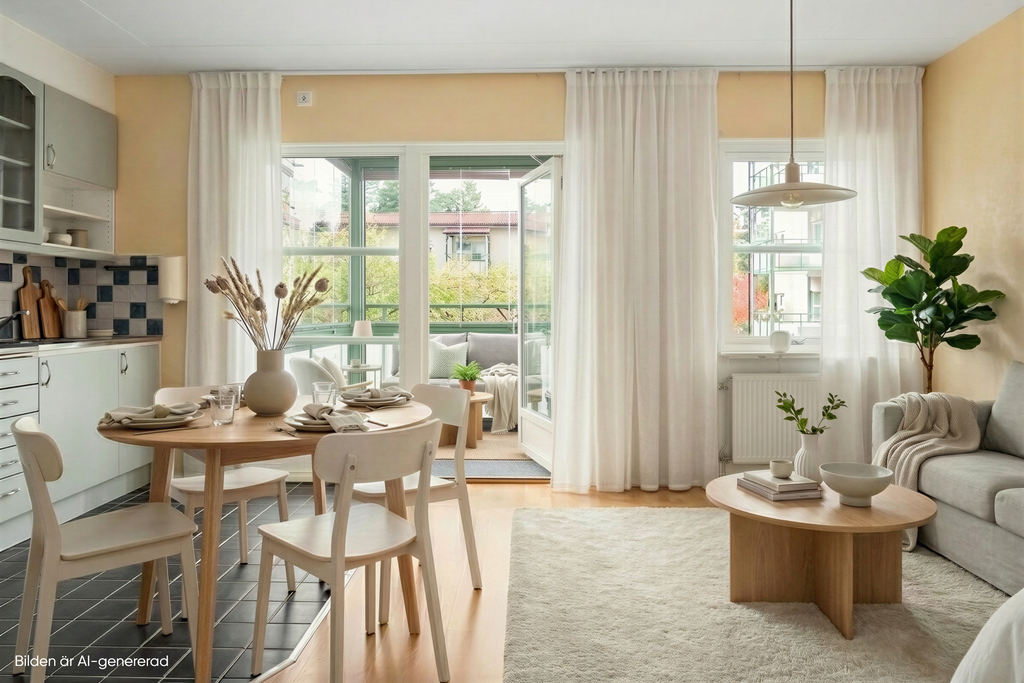 Bilden är ett fotomontage i syfte att inspirera och visa exempel på hur bostaden skulle kunna se ut. 