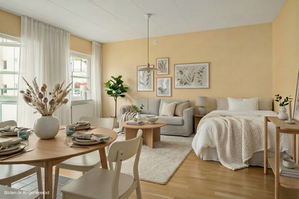 Bilden är ett fotomontage i syfte att inspirera och visa exempel på hur bostaden skulle kunna se ut. 