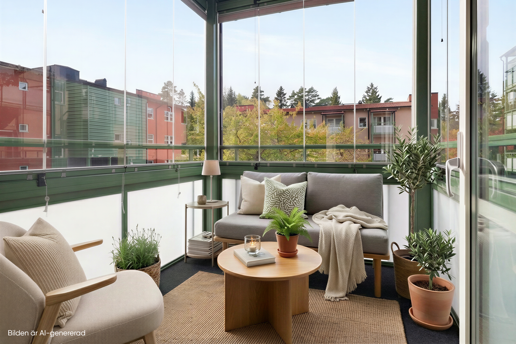 Bilden är ett fotomontage i syfte att inspirera och visa exempel på hur bostaden skulle kunna se ut. 