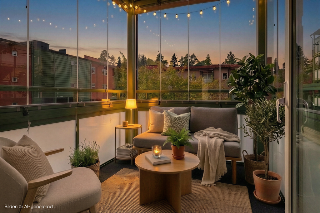 Bilden är ett fotomontage i syfte att inspirera och visa exempel på hur bostaden skulle kunna se ut. 