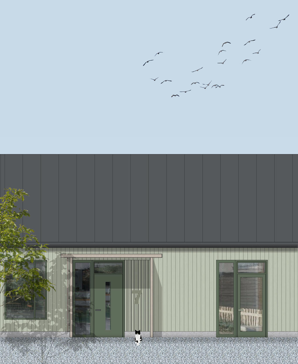 Fasadskiss hustyp A. Inspirationsbild, avvikelser kan förekomma.