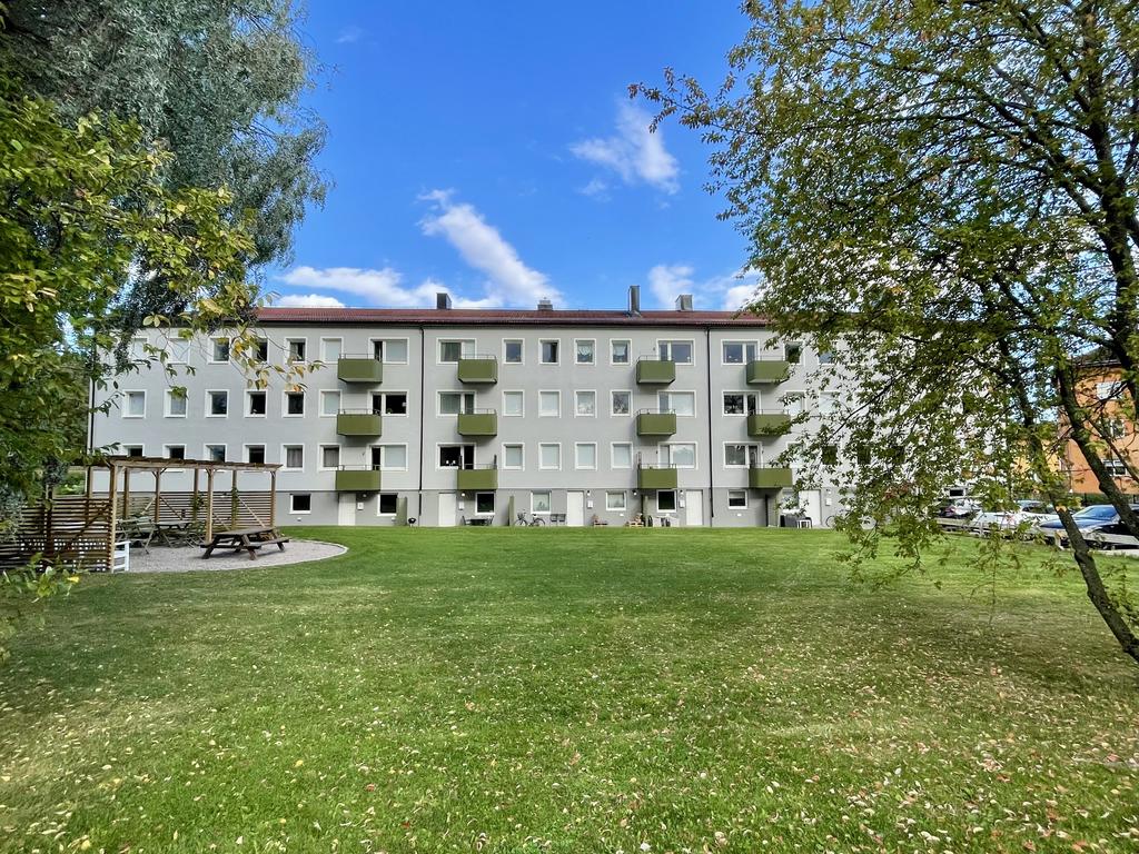 Föreningens innergård med gräsyta och gemensam uteplats