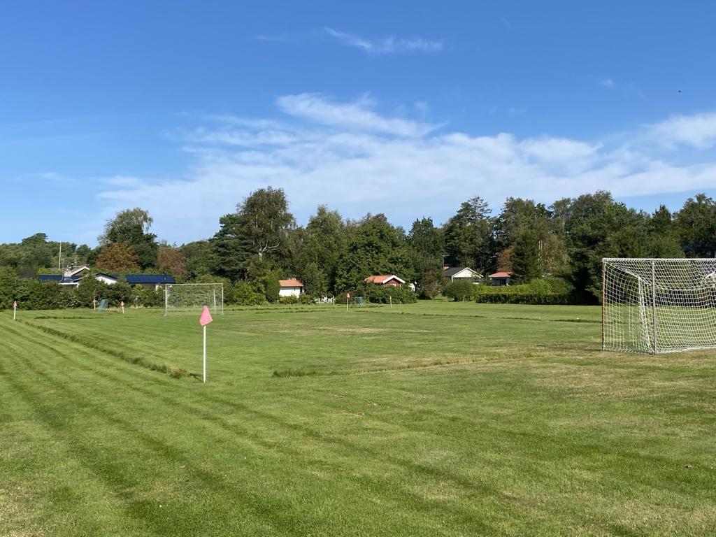 Fotbollsplan med trevligt midsommarfirande och andra sport och fritidsaktiviteter.