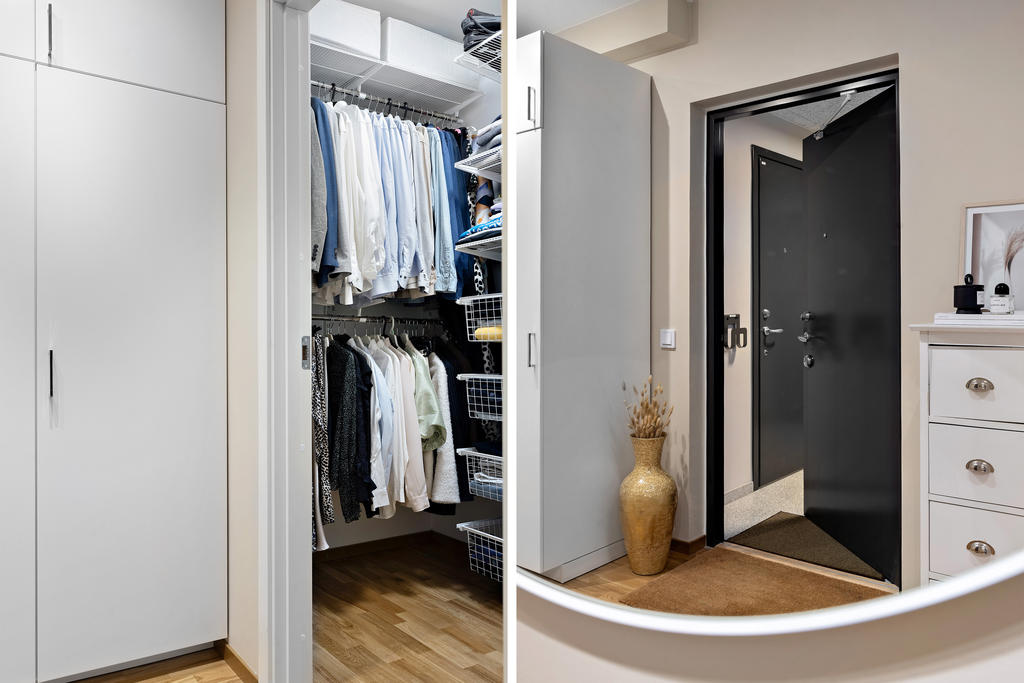Walk in closet intill sovrum och entré