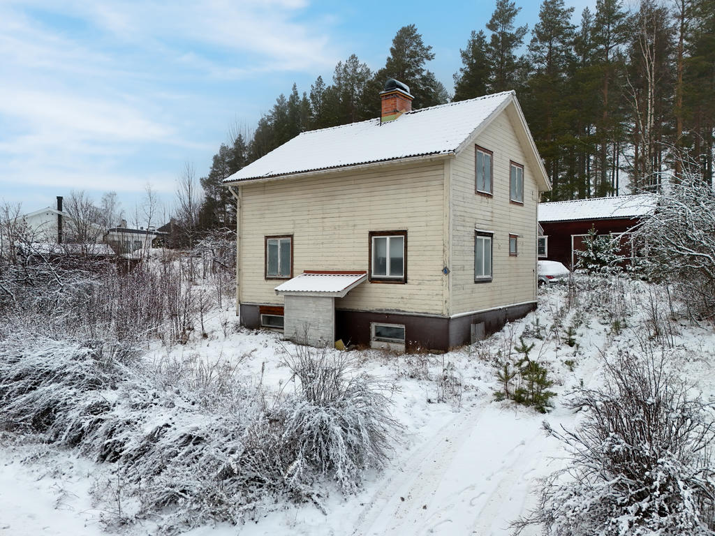 Huset, tomten och infarten sedd ifrån gatan. 