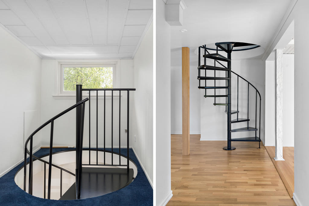 Häftig spiraltrappa i huset skänker en härlig karaktär.