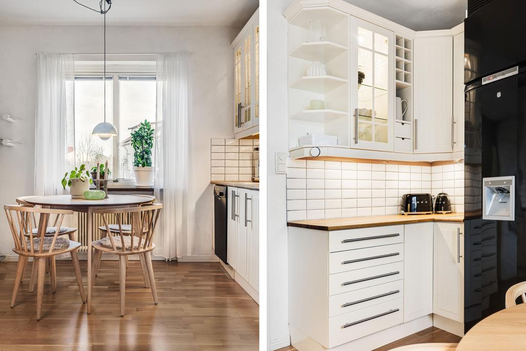 Här får du plats med matbord om 4-6 stolar och gott om förvaring i skåp och lådor