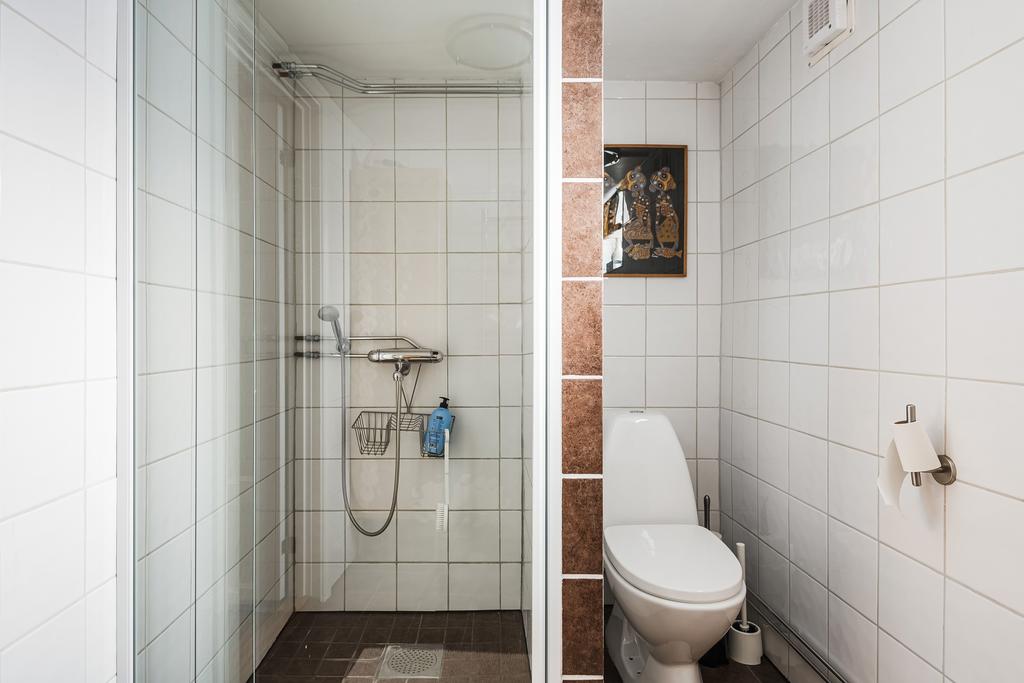 Dusch och toalett i badrummet i källaren
