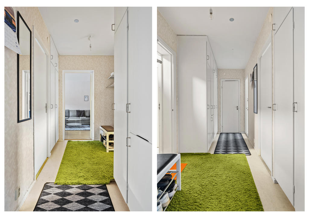 Centralt placerad hall, varifrån man når alla rum i lägenheten