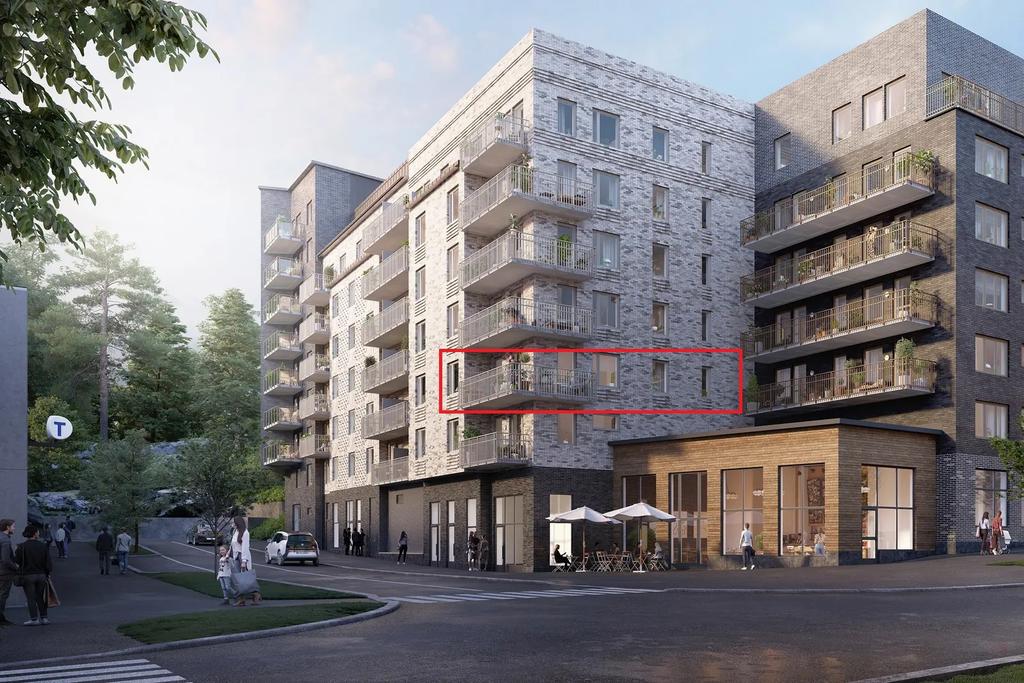 3D-rendering med bostaden markerad i rött
