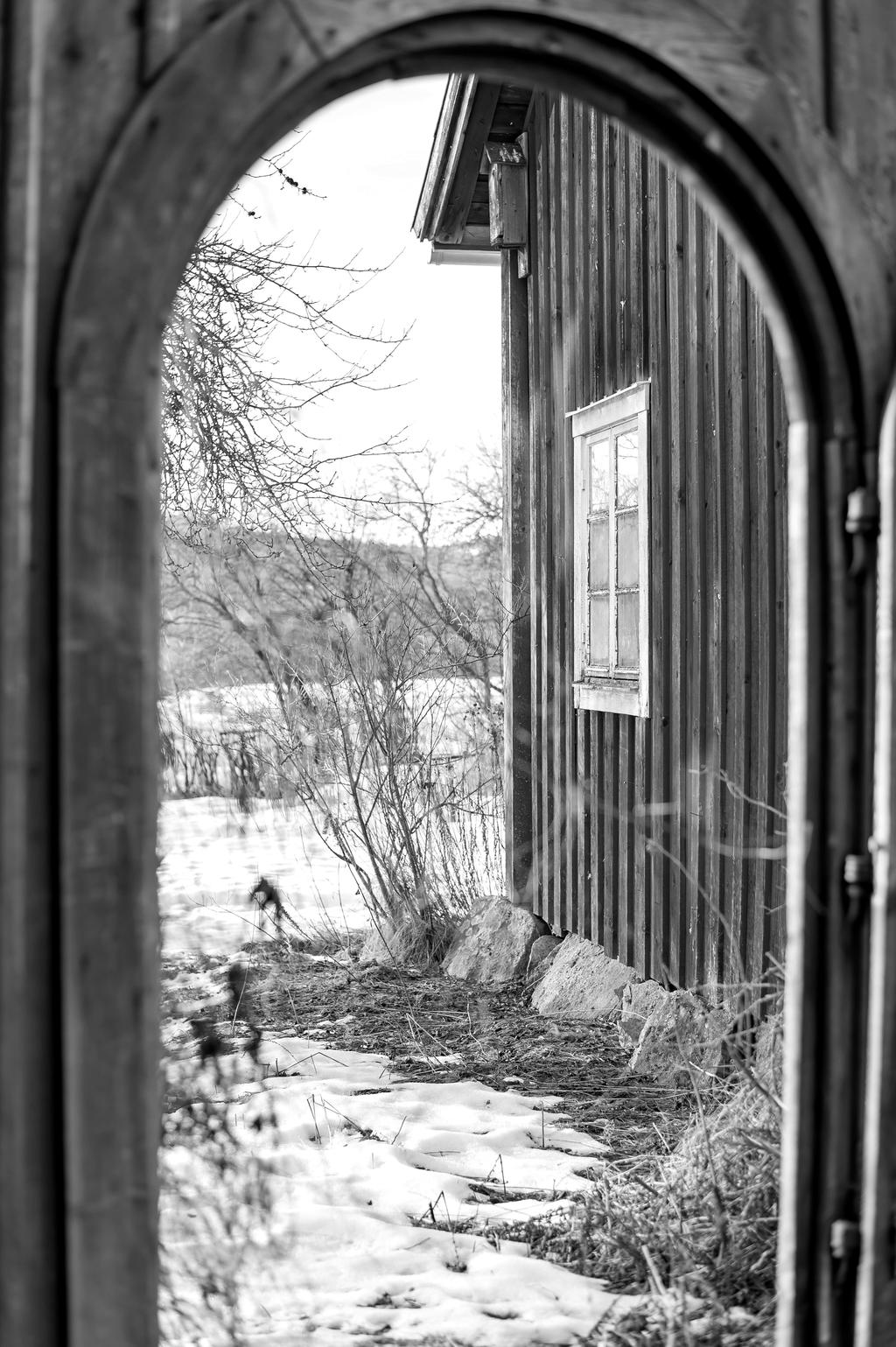 En glimt av trädgården och gästhusets gavel