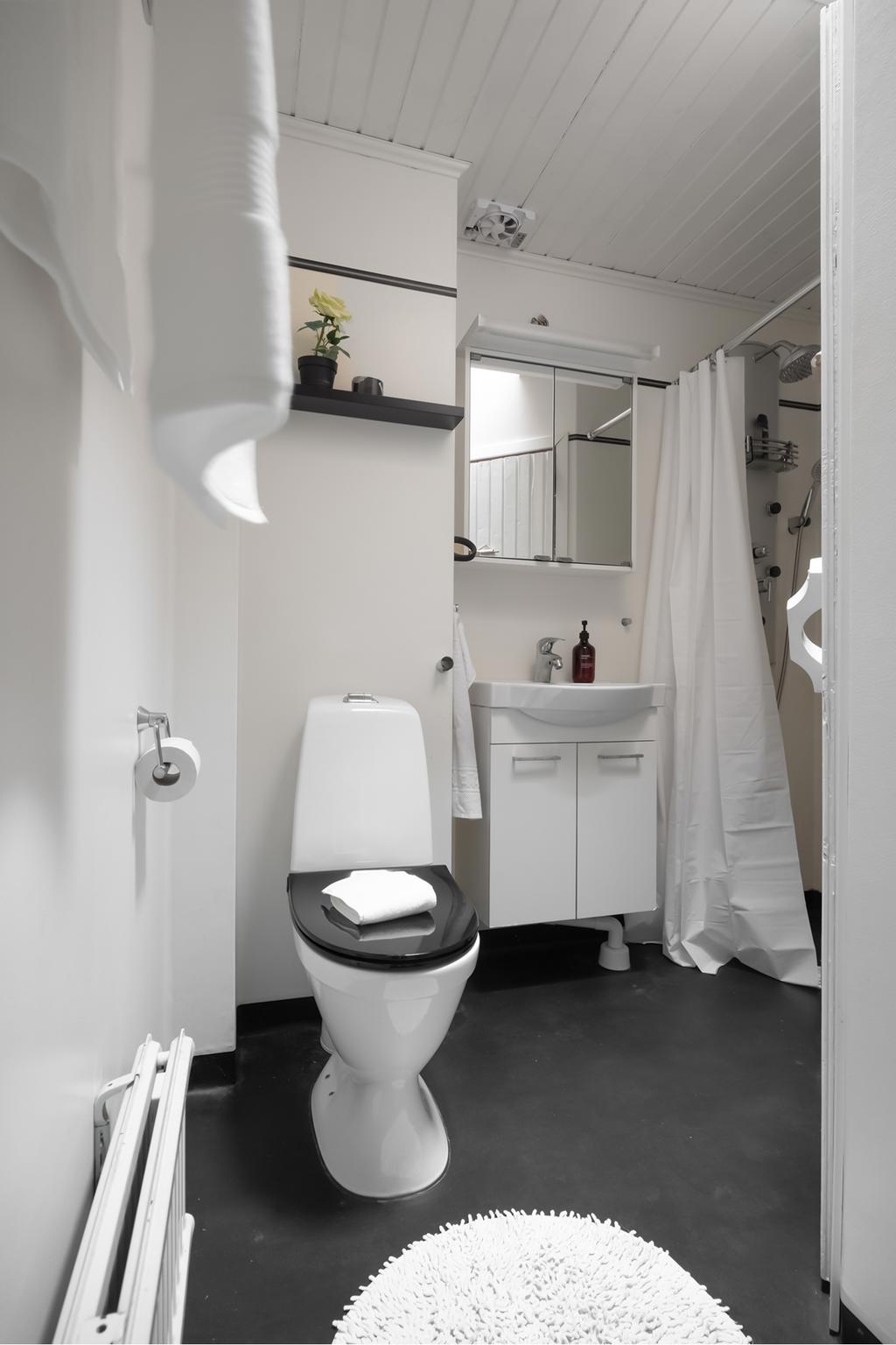Badrummet med dusch och härlig bastu. Våtrumsmatta på golvet och väggarna.