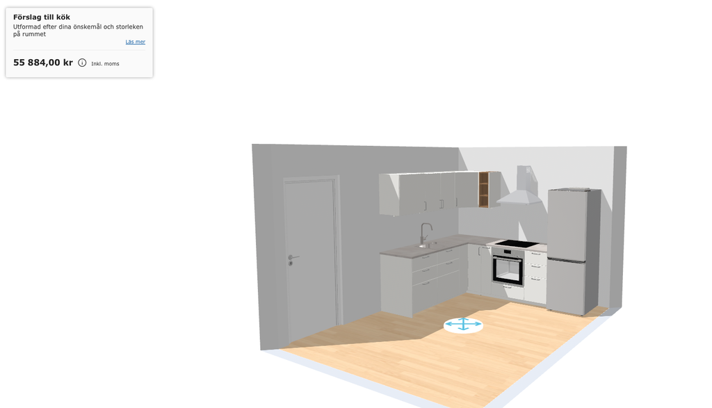 Kök från IKEA ink: Diskmaskin, ugn, spishäll, fläkt och kombinerad kyl och frys. 