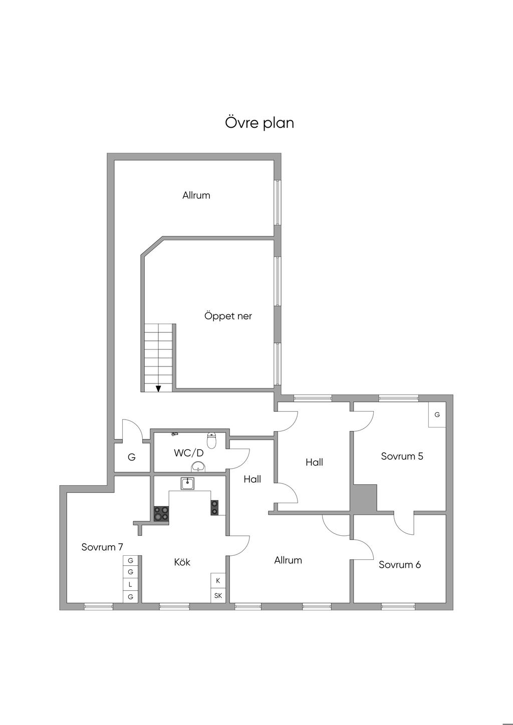 Planritning, övre plan. 