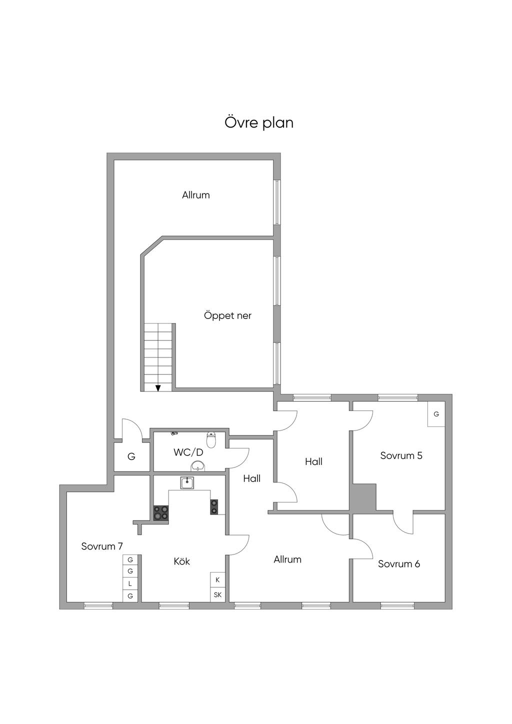 Planritning, övre plan. 