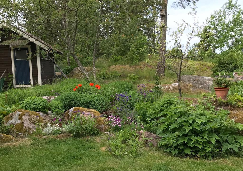 Den lättskötta naturtomten kombinerar öppna gräsytor, vackra berg i dager och små odlingsplatser för den som vill ha färska kryddor eller blommor på sommarbordet.