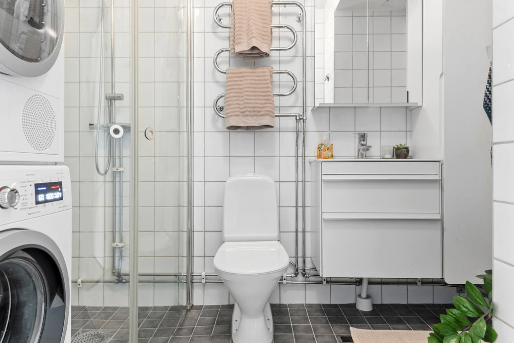 Badrum med dusch och tvättpelare