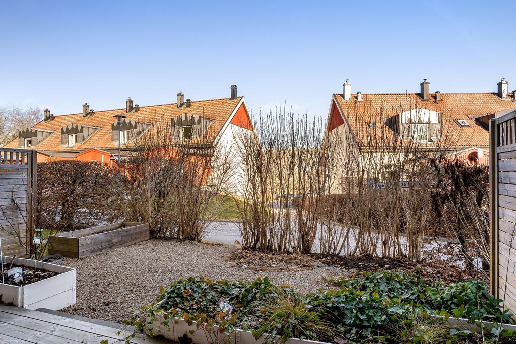 Baksidans trädgård med odlingslådor och rabatter