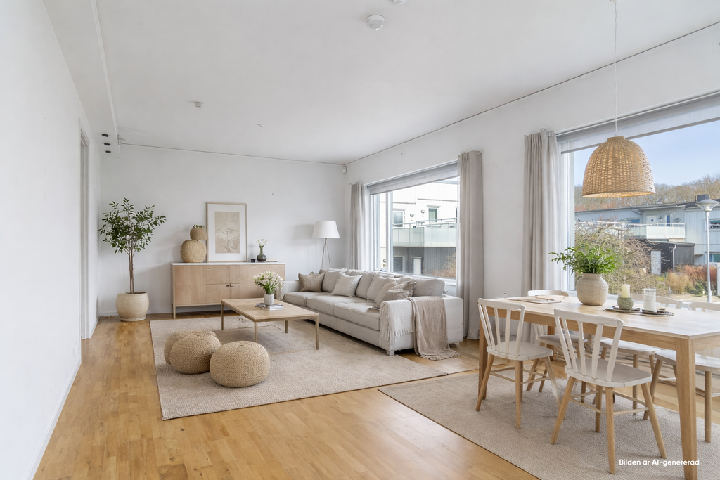 Observera att bilden är digitalt stylad och visar en möjlig inredning – den speglar inte bostadens faktiska skick