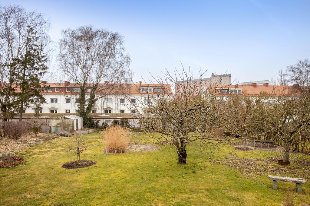 Stor, grönskande trädgård med gott om plats för lek, plantering och avkoppling.
