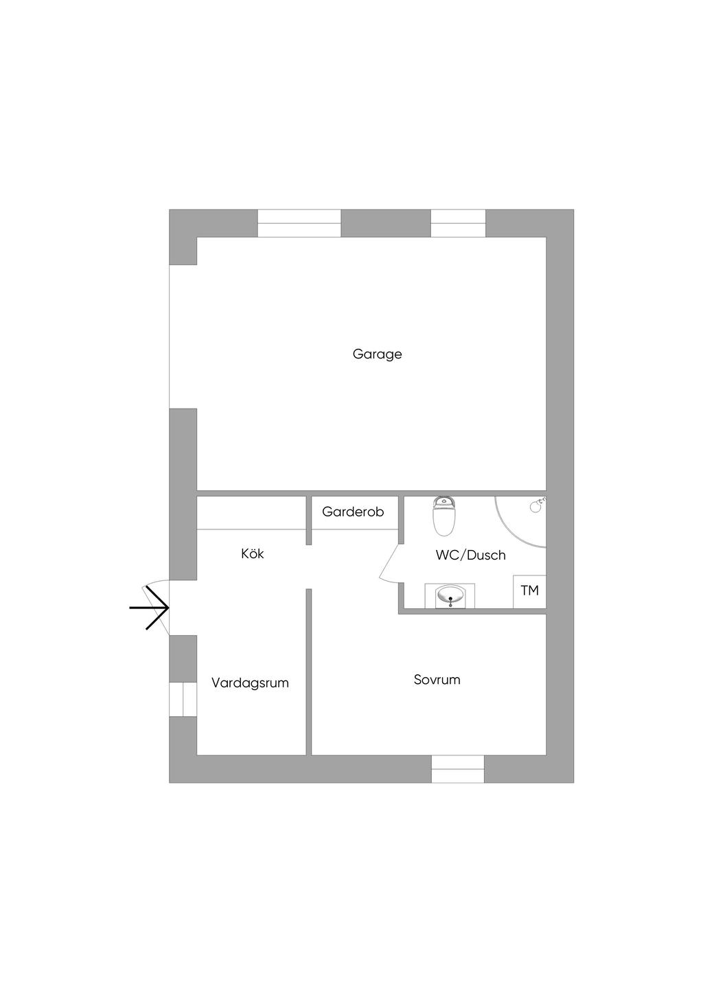 Entréplan byggnad bakom huvudbyggnad.
Lägenhet med 1 rum och kök.