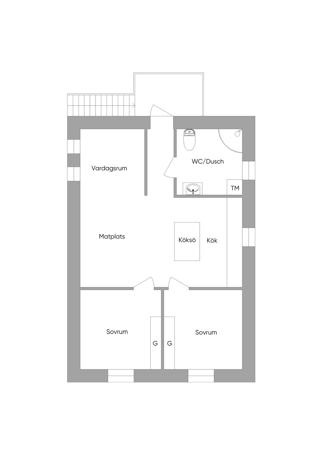 Övre plan byggnad bakom huvudbyggnad.
Lägenhet med 3 rum och kök