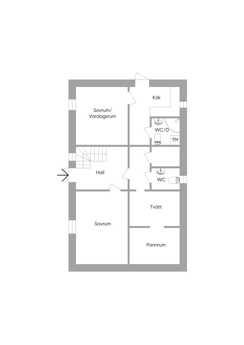 Huvudbyggnad entréplan
Lägenhet med 5 rum och kök